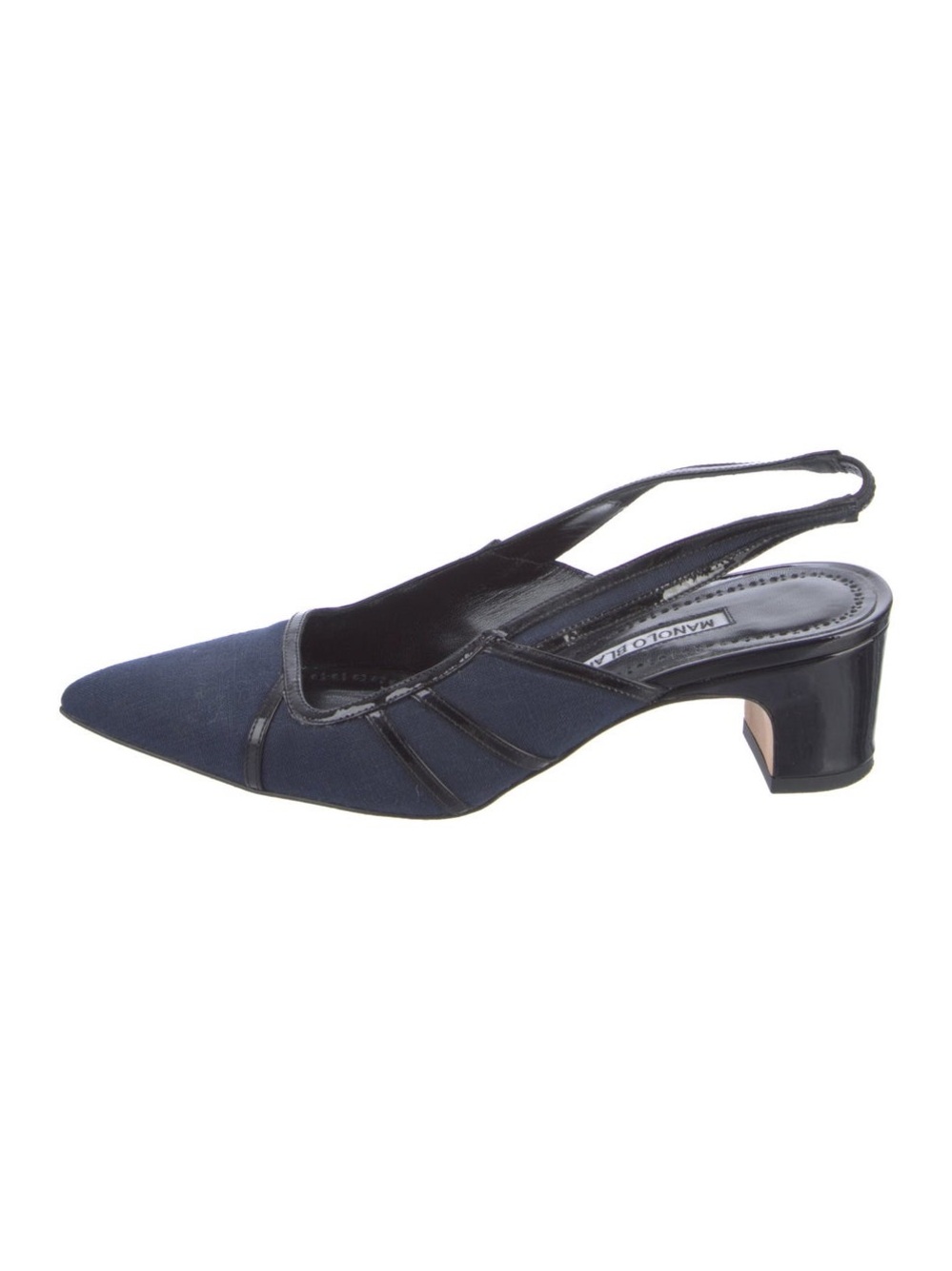 Manolo Blahnik Furrun slingback pumps 7.5 Kitten Heel Designer Navy Blue Winter